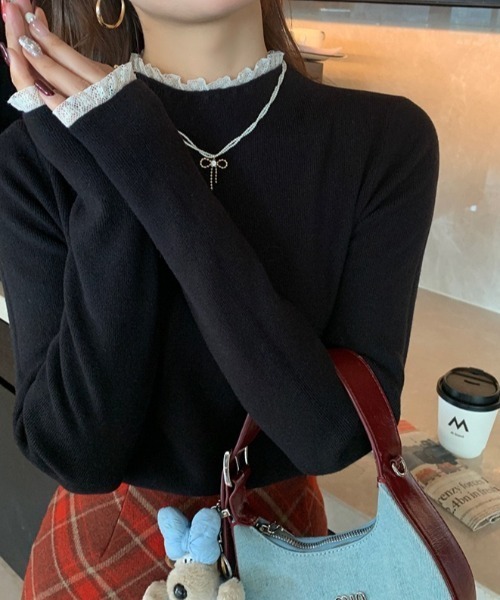 yuue' ( wear )（ユーイ）の「レースフリルドッキングハイネックリブニットトップス（ニット/セーター・レディース・ベージュ/グレー/アイボリー/ブラック・FREE）」の8枚目の写真