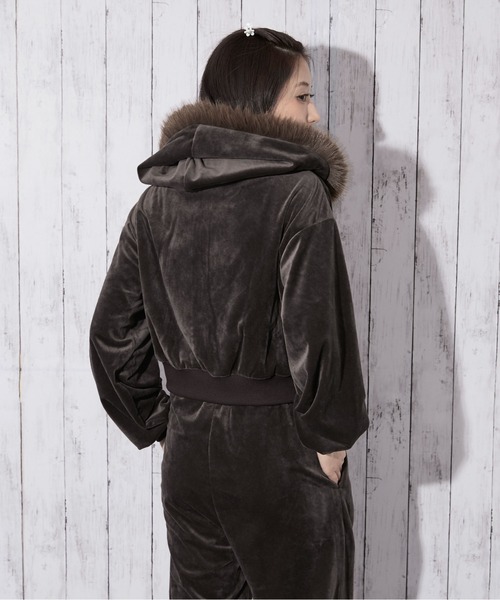 ベロア ジップファーパーカー ファーフード×ベロア素材》レディース ジップパーカー セットアップ