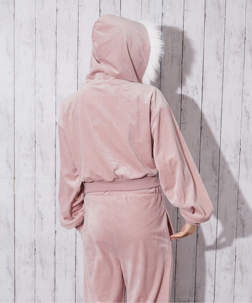 ベロア ジップファーパーカー ファーフード×ベロア素材》レディース ジップパーカー セットアップ