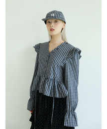 ボタンチェックフリルブラウス(ブルー)