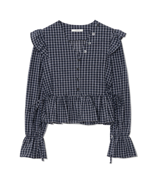 UGLY SHADOW（アグリーシャドウ）の「ボタンチェックフリルブラウス（ブルー）（シャツ/ブラウス・レディース・その他・FREE）」の4枚目の写真