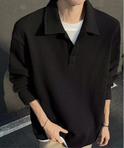 link lot(リンクロット)の「フェイクレイヤードワッフルロングスリーブポロシャツ(ポロシャツ・メンズ・ブラック/グレー・M)」の1枚目の写真