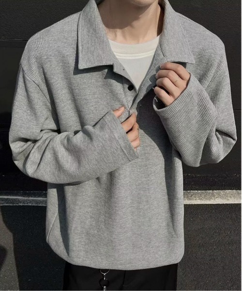 link lot(リンクロット)の「フェイクレイヤードワッフルロングスリーブポロシャツ(ポロシャツ・メンズ・ブラック/グレー・M)」の3枚目の写真