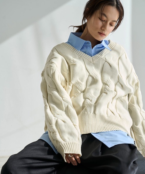 完売品 ムータマリン Vネック カレッジニット プルオーバー セール】ケーブルVネックニットプルオーバー（ニット/セーター