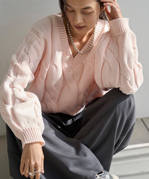 完売品 ムータマリン Vネック カレッジニット プルオーバー セール】ケーブルVネックニットプルオーバー（ニット/セーター