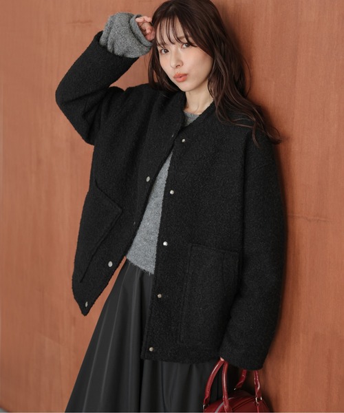 セール】ブークレシャギー ノーカラーコート（ノーカラーコート）｜La