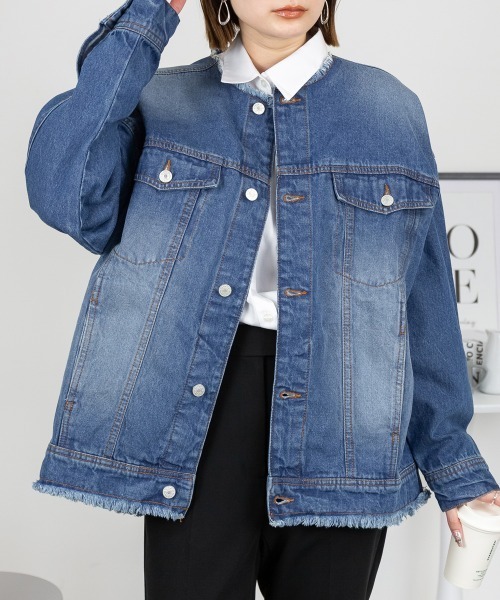 RCD(アールシーディー)の「オーバーサイズ ノーカラーカットオフデニムジャケット(デニムジャケット・レディース・ダークネイビー/グレー系その他7/ブルー・4L~5L/LL~3L/M-L)」の3枚目の写真