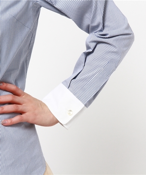 Rose Tiara（ローズティアラ）の「チビ衿にビジューがきらめくストライプシャツブラウス（シャツ/ブラウス・レディース・ホワイト×ブルー・38/46/42）」の7枚目の写真