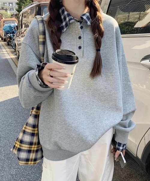 NANEA（ナネア）の「シャツレイヤード風プルオーバー（スウェット・レディース・グレー/ネイビー・X-LARGE/LARGE/MEDIUM）」の2枚目の写真