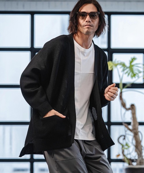 CAMBIO(カンビオ)の「mcg3761-Airy Sheer Knit Buttonless Cardigan ニットカーディガン(S63926cmb)(カーディガン/ボレロ・メンズ・ブラック/グレー/ロイヤルブルー/キナリ・S/M/L)」の1枚目の写真