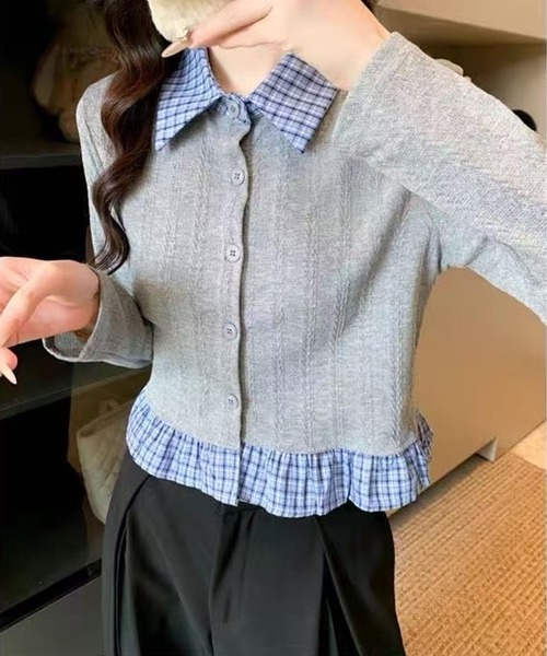 SpRay（スプレイ）の「チェック切替フロントレイヤードカーディガン（カーディガン/ボレロ・レディース・グレー/オフホワイト/ネイビー・FREE）」の2枚目の写真