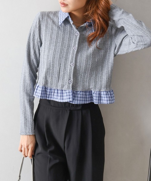 SpRay（スプレイ）の「チェック切替フロントレイヤードカーディガン（カーディガン/ボレロ・レディース・グレー/オフホワイト/ネイビー・FREE）」の6枚目の写真