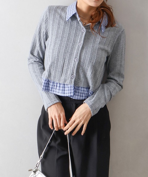 SpRay（スプレイ）の「チェック切替フロントレイヤードカーディガン（カーディガン/ボレロ・レディース・グレー/オフホワイト/ネイビー・FREE）」の7枚目の写真