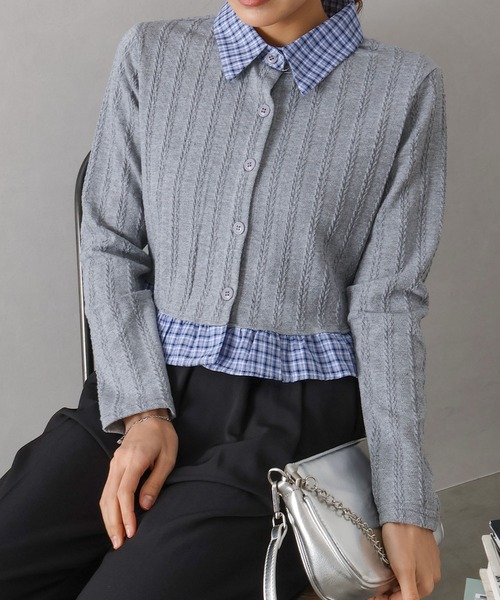 SpRay（スプレイ）の「チェック切替フロントレイヤードカーディガン（カーディガン/ボレロ・レディース・グレー/オフホワイト/ネイビー・FREE）」の8枚目の写真