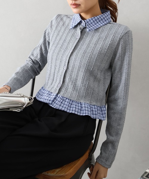 SpRay（スプレイ）の「チェック切替フロントレイヤードカーディガン（カーディガン/ボレロ・レディース・グレー/オフホワイト/ネイビー・FREE）」の9枚目の写真