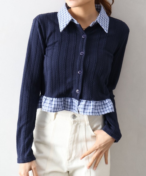 SpRay（スプレイ）の「チェック切替フロントレイヤードカーディガン（カーディガン/ボレロ・レディース・グレー/オフホワイト/ネイビー・FREE）」の12枚目の写真