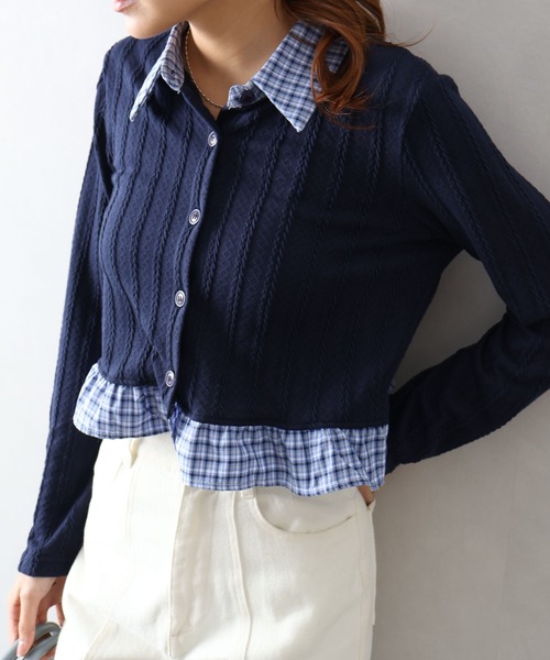 SpRay（スプレイ）の「チェック切替フロントレイヤードカーディガン（カーディガン/ボレロ・レディース・グレー/オフホワイト/ネイビー・FREE）」の14枚目の写真