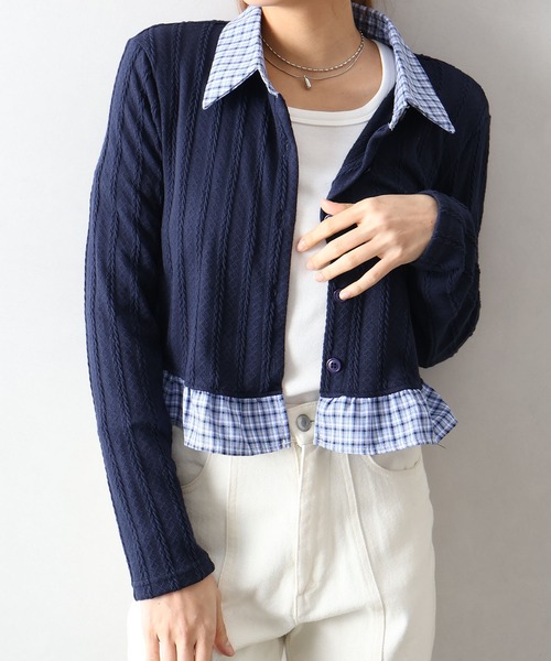 SpRay（スプレイ）の「チェック切替フロントレイヤードカーディガン（カーディガン/ボレロ・レディース・グレー/オフホワイト/ネイビー・FREE）」の17枚目の写真