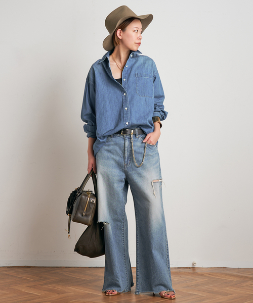 Attick by Johnbull（アティックバイジョンブル）の「【Attick by Johnbull/アティック バイ ジョンブル】ダメージワイドデニム（デニムパンツ・レディース・ブルー・34/36/38/40）」の4枚目の写真