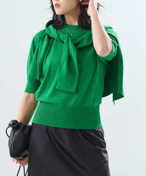 journal standard L'essage（ジャーナルスタンダードレサージュ）の「コットンハーフスリーブプルオーバー（ニット/セーター・レディース・グリーン/ネイビー/ベージュ・FREE）」の2枚目の写真