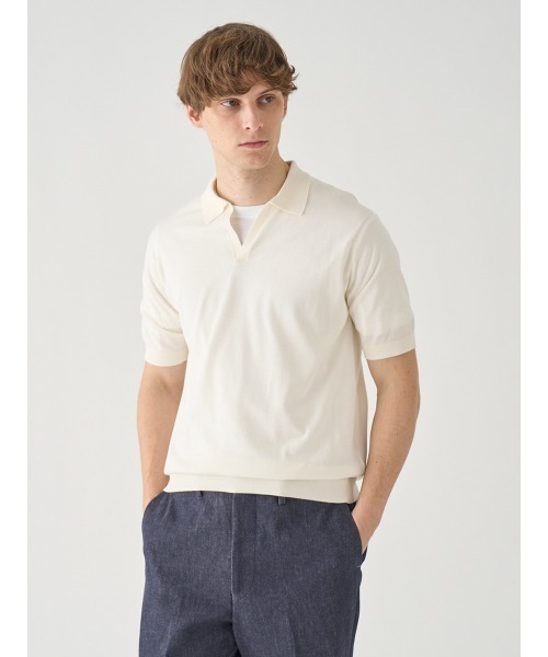 JOHN SMEDLEY(ジョンスメドレー)の「スキッパーネック半袖コットンニットプルオーバー(ポロシャツ・メンズ・ホワイト系1・S)」の1枚目の写真