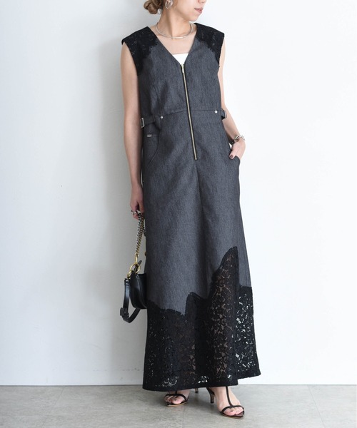 Eimee Law(エイミーロウ)の「レーストリムデニムワンピース(ワンピース・レディース・ブルー/ネイビー/ブラック・FREE)」の2枚目の写真