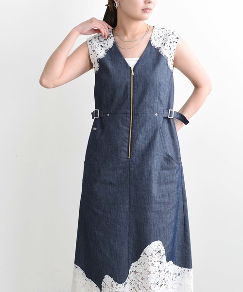 【土曜まで値下げ】Eimee Law レーストリムボクシィラインZIPワンピース Eimee Law（エイミーロウ） ワンピース レーストリムデニムワンピース