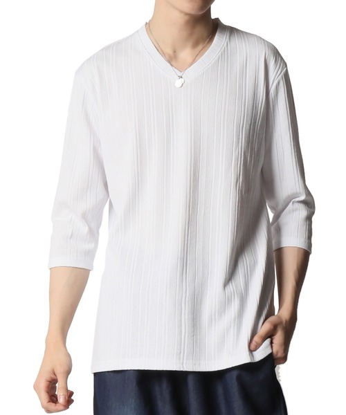 ARCADE(アーケード)の「ランダムテレコ Vネック 七分袖カットソー(Tシャツ/カットソー・メンズ・杢グレー/ブラック/ホワイト・L/LL/M)」の2枚目の写真