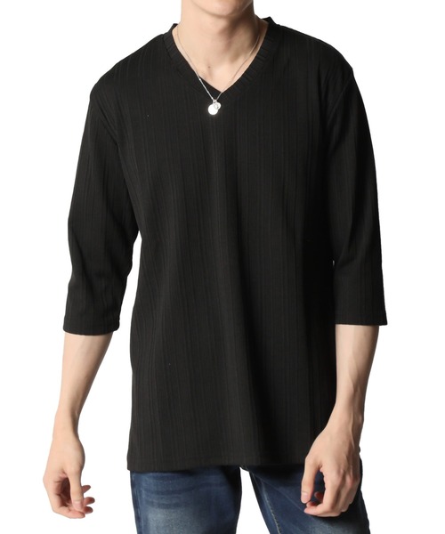 ARCADE(アーケード)の「ランダムテレコ Vネック 七分袖カットソー(Tシャツ/カットソー・メンズ・杢グレー/ブラック/ホワイト・L/LL/M)」の1枚目の写真