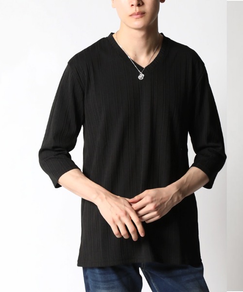 ARCADE(アーケード)の「ランダムテレコ Vネック 七分袖カットソー(Tシャツ/カットソー・メンズ・杢グレー/ブラック/ホワイト・L/LL/M)」の7枚目の写真