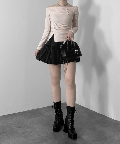 jiasecond.(ジアセカンド)の「【jiasecond.】シャーリングオフショルトップス / トップス カットソー Tシャツ 長袖 コンパクト シャーリング ピンク ブラック ZOZOTOWN限定(Tシャツ/カットソー・レディース・ブラック/ピンク・FREE)」の8枚目の写真