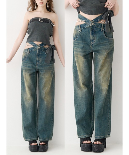 EVRIS(エヴリス)の「ビジューワイドデニムパンツ(デニムパンツ・レディース・インディゴブルー/ライトブルー・SMALL/MEDIUM)」の2枚目の写真