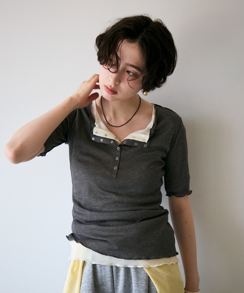 Trish(トリッシュ)の「シアーテレコメローヘンリーネックプルオーバー(Tシャツ/カットソー・レディース・グレー/アイボリー・FREE)」の22枚目の写真