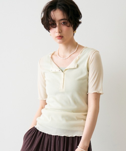 Trish(トリッシュ)の「シアーテレコメローヘンリーネックプルオーバー(Tシャツ/カットソー・レディース・グレー/アイボリー・FREE)」の6枚目の写真