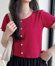 Tシャツ/カットソー（レッド/赤色系・ドット柄）ファッション通販