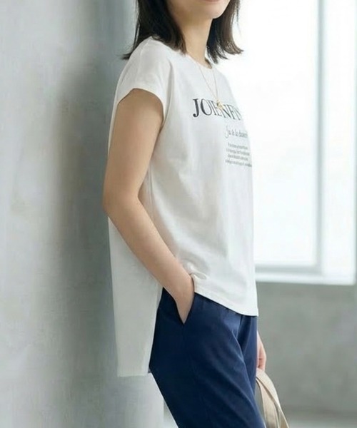 MULEXS(ミューレクス)の「JOIE INFINIE バック切り替えロゴTシャツ レディース フレンチスリーブ 体型カバー 前後差ヘム(Tシャツ/カットソー・レディース・ネイビー/イエロー/ホワイト・M/L)」の6枚目の写真