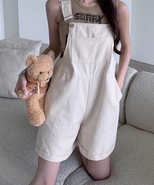 GLAMOROUS JANE（グラマラスジェーン）の「ショートパンツサロペット（つなぎ/オールインワン・レディース・アイボリー/カーキ・M/L）」の3枚目の写真