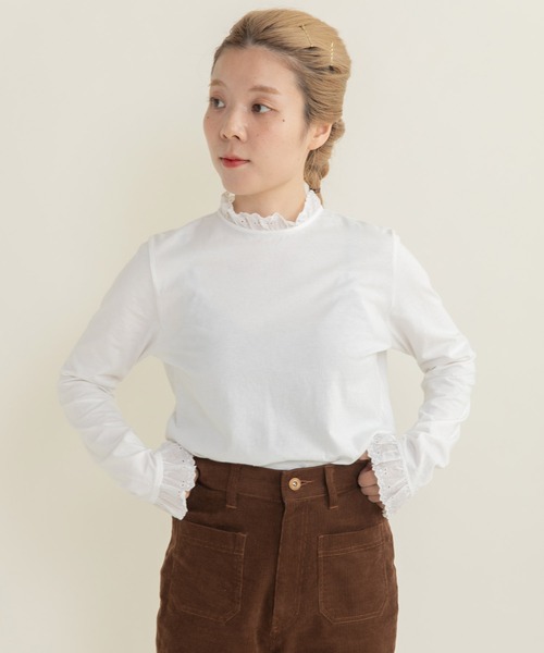 Dot&Stripes CHILD WOMAN(ドットアンドストライプス チャイルドウーマン)の「30/1天竺 チェリーレース プルオーバー(Tシャツ/カットソー・レディース・ホワイト/ブラック・FREE)」の1枚目の写真