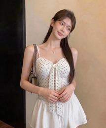 【3color】ドット×ロングリボンで盛れる カップ付きキャミソール