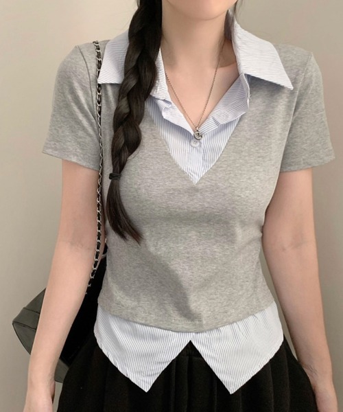 2ly2(トゥーリートゥー)の「レイヤード風トップス レディース 半袖 Vネック シャツドッキング風 カットソー(Tシャツ/カットソー・レディース・ホワイト/グレー/ネイビー/ブラック・FREE)」の3枚目の写真