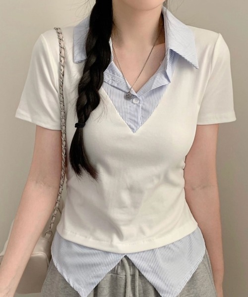 2ly2(トゥーリートゥー)の「レイヤード風トップス レディース 半袖 Vネック シャツドッキング風 カットソー(Tシャツ/カットソー・レディース・ホワイト/グレー/ネイビー/ブラック・FREE)」の2枚目の写真