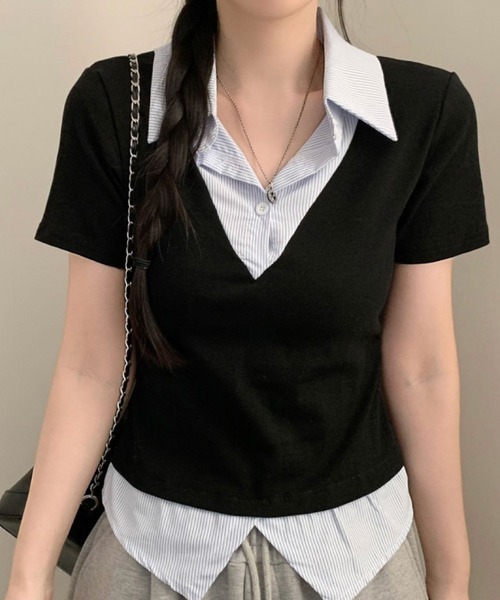 2ly2(トゥーリートゥー)の「レイヤード風トップス レディース 半袖 Vネック シャツドッキング風 カットソー(Tシャツ/カットソー・レディース・ホワイト/グレー/ネイビー/ブラック・FREE)」の1枚目の写真