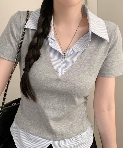 2ly2(トゥーリートゥー)の「レイヤード風トップス レディース 半袖 Vネック シャツドッキング風 カットソー(Tシャツ/カットソー・レディース・ホワイト/グレー/ネイビー/ブラック・FREE)」の5枚目の写真