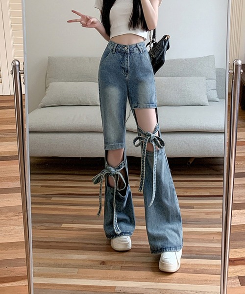 UP START(アップスタート)の「【Bls】 【ZL】【Bling Leads】リボン×加工 デザインデニムパンツ(BL)(デニムパンツ・レディース・ブルー・FREE)」の5枚目の写真