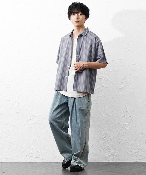 MinoriTY(マイノリティ)の「【MinoriTY】マルチドビーストライプオーバーサイズ半袖シャツ メンズ 夏服 ユニセックス 半袖 ルーズフィット ビッグシルエット(シャツ/ブラウス・メンズ・グリーン/ブルー/チャコール・M/S/L)」の13枚目の写真
