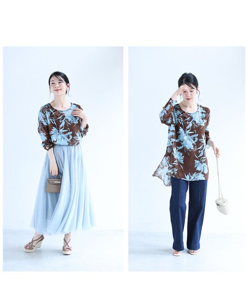 cawaii（カワイイ）の「ジャガードの花浮かぶチョコミントカラーシアーチュニック（シャツ/ブラウス・レディース・ブラウン・FREE）」の7枚目の写真