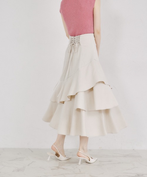 tocco closet（トッコ　クローゼット）の「バックレースアップアシメ切り替えティアードフレアスカート（スカート・レディース・ブラック/ライトベージュ・M）」の12枚目の写真