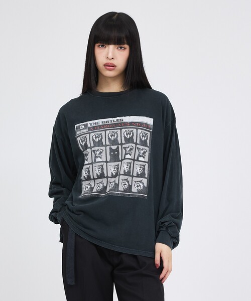 REMI RELIEF（レミレリーフ）の「【REMI RELIEF / レミレリーフ】SP加工20/天竺 AHARD CATS NIGHT / 長袖Tシャツ / ユニセックス（Tシャツ/カットソー・メンズ・ブラック/オフホワイト・M/L/XL）」の2枚目の写真