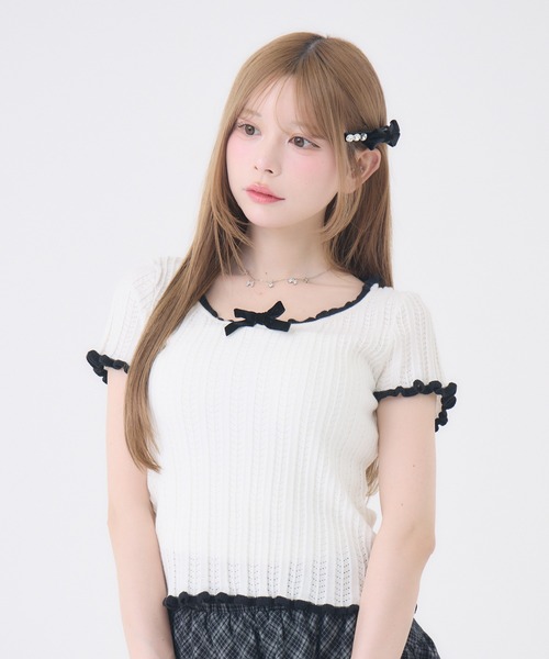 Rmine(アールマイン)の「配色リボンリブトップス(Tシャツ/カットソー・レディース・ホワイト/ピンク・FREE)」の2枚目の写真
