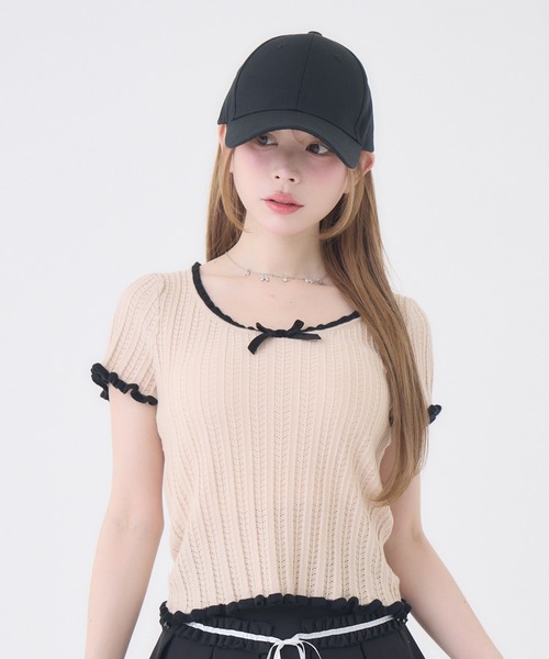 Rmine(アールマイン)の「配色リボンリブトップス(Tシャツ/カットソー・レディース・ホワイト/ピンク・FREE)」の1枚目の写真